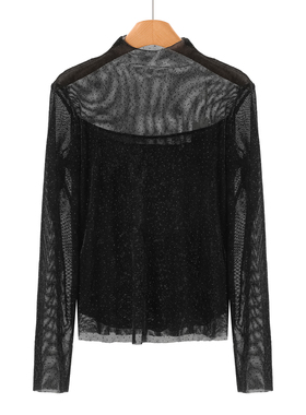 389西湖阁老【TH】冬装 纯欲半透假两件烫钻打底T恤小衫030