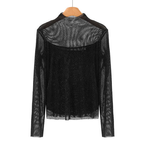 389西湖阁老【TH】冬装 纯欲半透假两件烫钻打底T恤小衫030