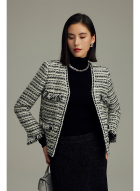 2380 50%羊毛【奢LD】春冬 毛条流苏混色口袋深V领小香风外套015