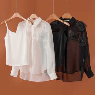 串珠立体勾花开叉衬衫 春装 吊带两件套791 栖 689西湖阁老