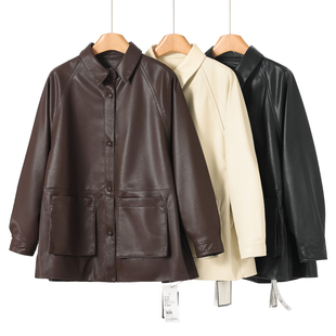 韩版 1999 春装 韦 翻领单排扣宽松显瘦皮衣外套673 羊皮革