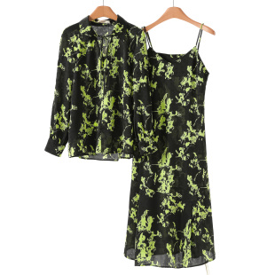 黑底绿花连衣裙上衣气质系列组合665 春装 西湖阁老 栖