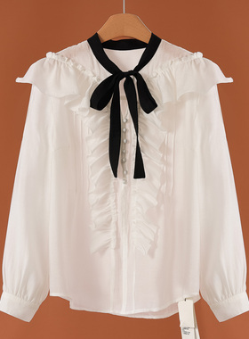 799 70%莱赛尔纤维【栖】春装 V领系带荷叶边天丝套头衬衫571