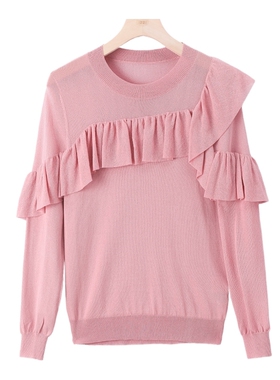 1199西湖阁老【缇】轻奢春季 荷叶边拼接纯欲风修身针织衫055