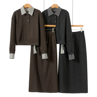 当季 帛 34%粘纤 081 格子假两件卫衣 开叉半裙套装 冬装 799