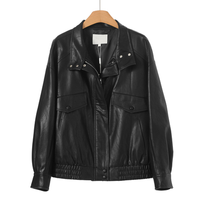 889西湖阁老【TH】春装 拉链立领松紧摆宽松酷帅PU皮衣外套189