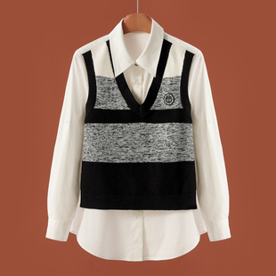 针织拼接假两件弧形摆宽松套头衬衫 春装 007 朗 西湖阁老