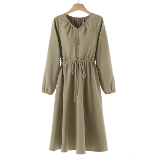 木耳边收腰抽绳V领插肩袖 春季 连衣裙622 兰 569西湖阁老