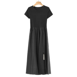 赫本风棉质圆领套头拼接开叉连衣裙502弜 夏装 669西湖阁老 熠