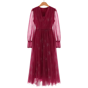 春装 蕾 V领套头重工烫钻网纱氛围感连衣裙092 100锦纶 1599