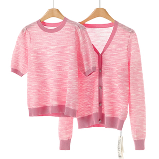 针织衫 85%粘纤 圆领短袖 春装 V领温柔外套组合766 栖