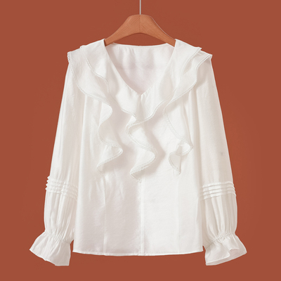 399 88%粘胶纤维【卡拉】春装 V领荷叶边喇叭袖套头衬衫830