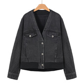 罗纹拼接假两件宽松深V牛仔外套026 春装 759西湖阁老 芙