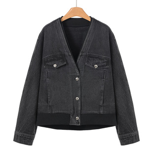 罗纹拼接假两件宽松深V牛仔外套026 春装 759西湖阁老 芙