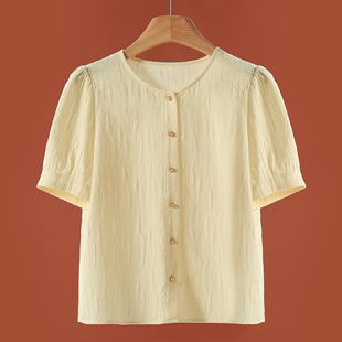 53%粘纤 衬衫 桑S 纯色简约圆领百搭短袖 796弜 夏装 599