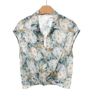 扭结套头松紧摆印花无袖 西湖阁老 氐 春装 010 雪纺衬衫