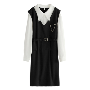 显瘦系腰带衬衫 春季 拼接假两件连衣裙YZ380 庄 西湖阁老