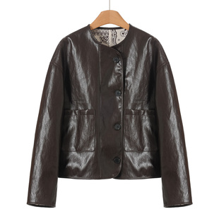 春装 黛L 气质设计感圆领单排扣夹克皮衣外套930 羊皮革 1999