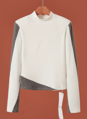 590 36%再生纤维【AL】春装*绍 不规则撞色带垫肩立领T恤079