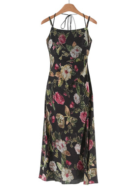 799 100粘纤【NO】春装 方领提花开叉修身冰丝吊带连衣裙757