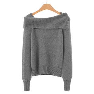 宽边拼接一字领亮丝纯色毛针织衫 899 春装 文 812 96%绵羊毛