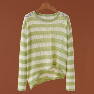 圆领条纹含绵羊毛不规则衣摆针织衫 春季 060 兰 399西湖阁老