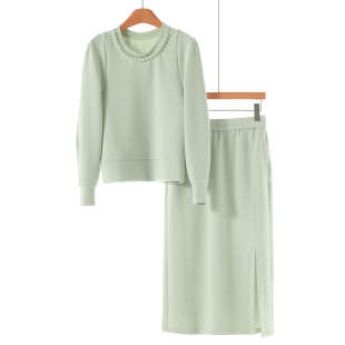 松紧开叉半裙休闲套装 43%莫代尔 串珠圆领卫衣 春装 822 蕾