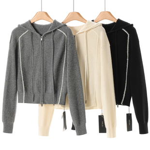 撞色毛边连帽针织开衫 1099 冬装 莫Y 外套111 100绵羊毛