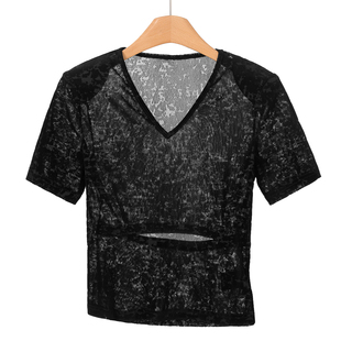 后背镂空拼接V领套头植绒短袖 439 26春装 莫Y T恤834 100锦纶