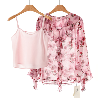 699西湖阁老【NO】春装 荷叶边V领喇叭袖两件套雪纺衬衫623