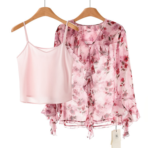 699西湖阁老【NO】春装 荷叶边V领喇叭袖两件套雪纺衬衫623