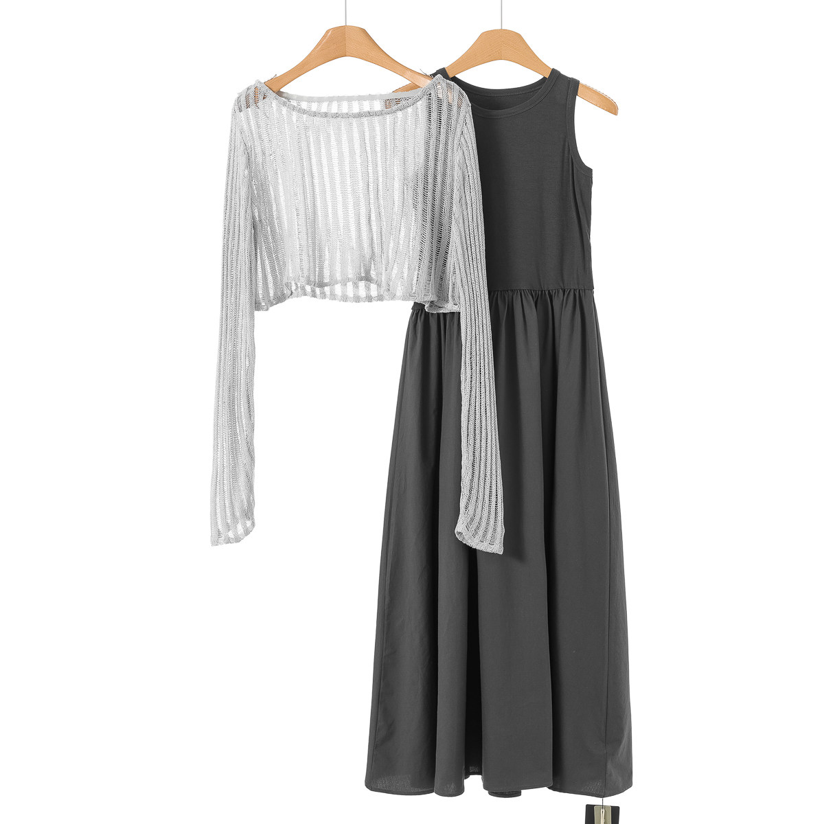 699 93%粘纤【兰】春装 收腰无袖连衣裙+镂空针织衫两件套032