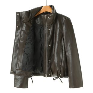 下摆抽绳立领痞帅软面PU皮羽绒服502 专柜同步冬装 鹅绒服 申