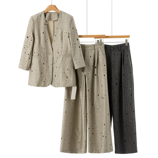 绍 V领一粒扣西装 外套 西湖阁老 镂空套装 春装 直筒裤 601 迪