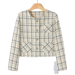 50%绵羊毛 轻奢圆领格子小香风短款 境 绍 外套043 春季 839