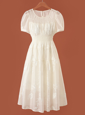 699 85%莱赛尔【HO】春装 *绍 过膝大摆松紧收腰刺绣连衣裙003