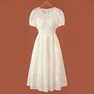 绍 699 春装 过膝大摆松紧收腰刺绣连衣裙003 85%莱赛尔