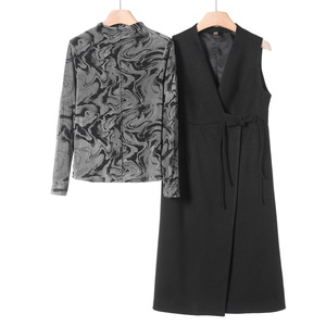 西湖阁老【汇】春冬 弹力修身小衫+V领无袖盘扣开叉连衣裙101