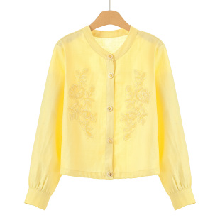 立领刺绣钉珠天丝开衫 管55%莱赛尔 春装 申 外套619 45%苎麻
