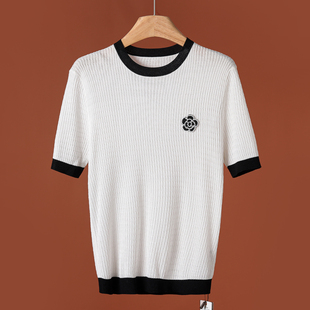 5.9%桑蚕丝 撞色弹力针织衫 五分袖 158 春夏装 459