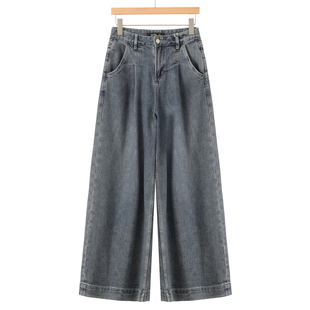 牛仔拖地宽脚裤 539西湖阁老 做旧高挑甩腿裤 春装 753 兰