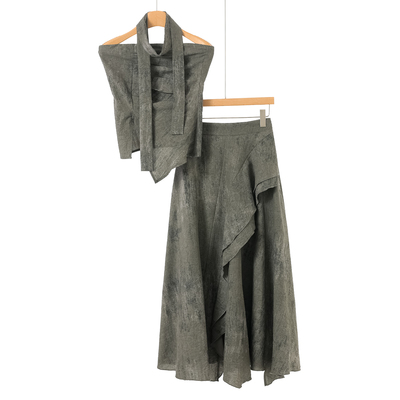 45%粘纤【HO】春装*绍 一字肩不规则小衫+松紧半裙两件套431