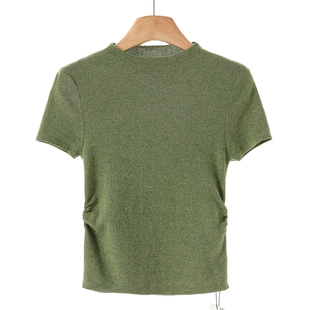 针织衫 269西湖阁老 棉圆领套头抽褶收腰短袖 春装 099 兰