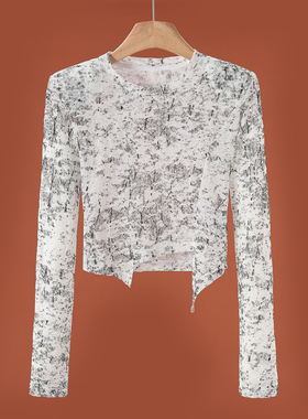 西湖阁老【AL】春季*绍 圆领套头个性鬼不规则衣摆短款T恤572