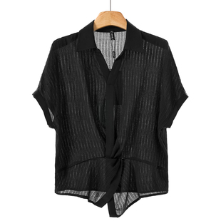 429西湖阁老 夏装 V领套头不规则衣摆宽松衬衫 261弜 漠