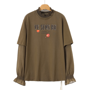 拼接喇叭袖 春装 木耳立领烫钻假两件T恤681 栖 599西湖阁老