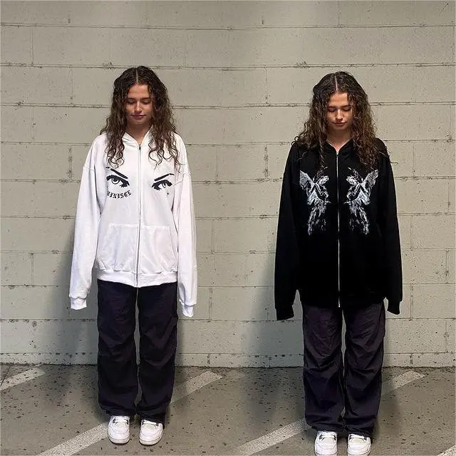 秋冬复古蜘蛛网印花连帽衫哥特街头潮流休闲上衣男女卫衣