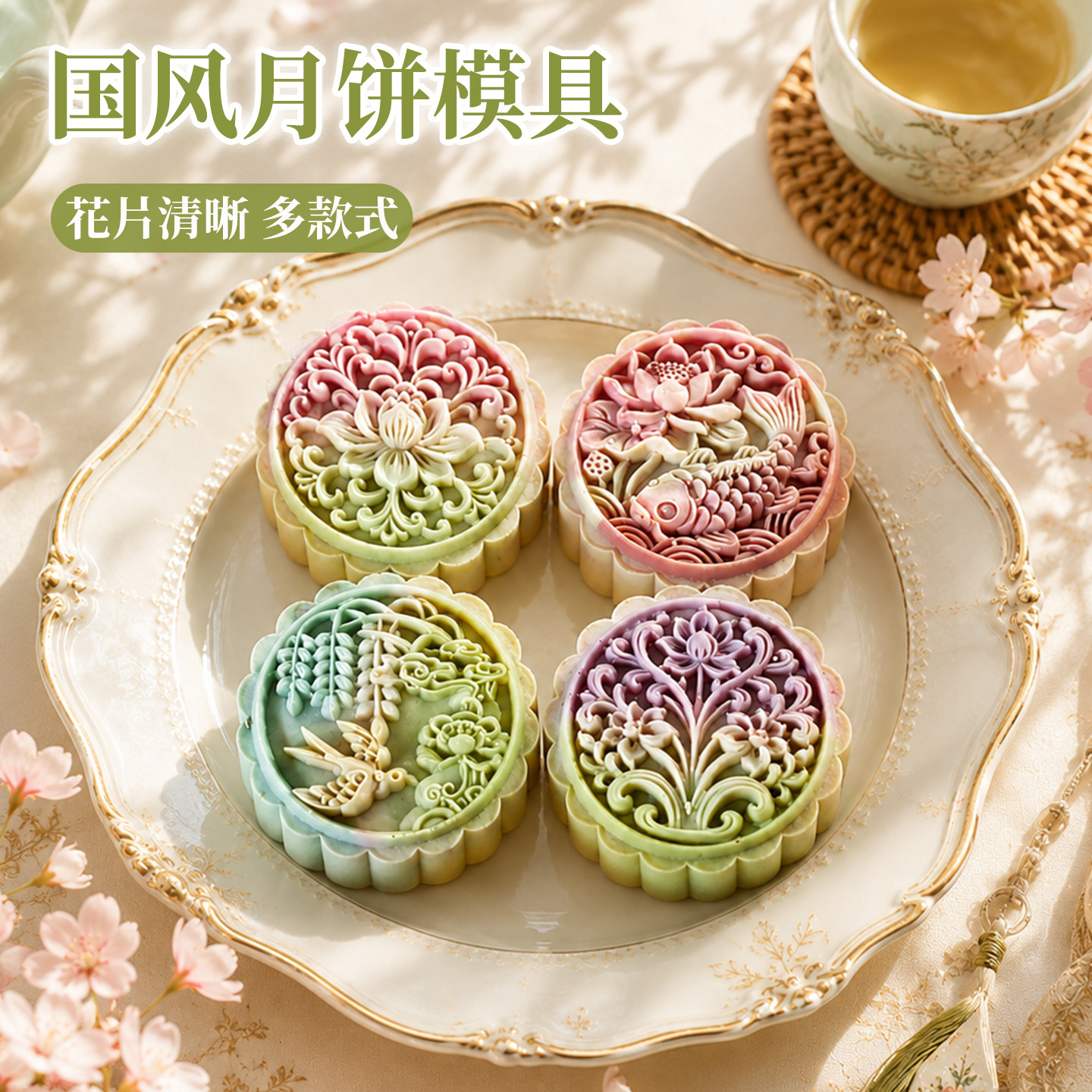 国风月饼模具中式立体荷花飞鸟冰皮流心绿豆糕75g手压式烘焙磨具