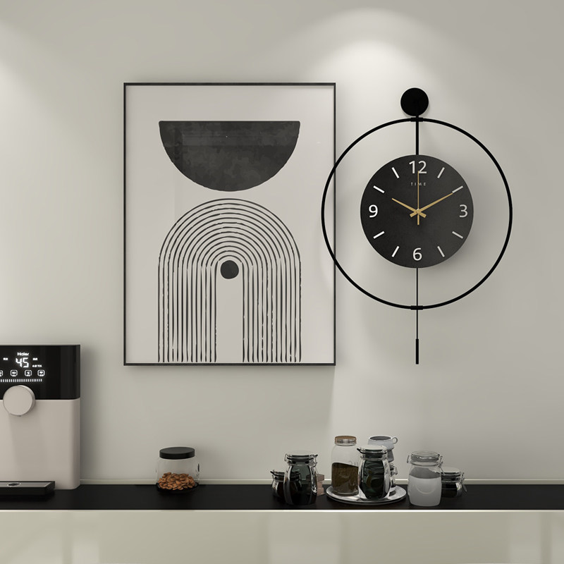 饭厅装饰画 画挂画 画高档高级感黑白挂钟带钟表客厅餐桌饭厅的壁