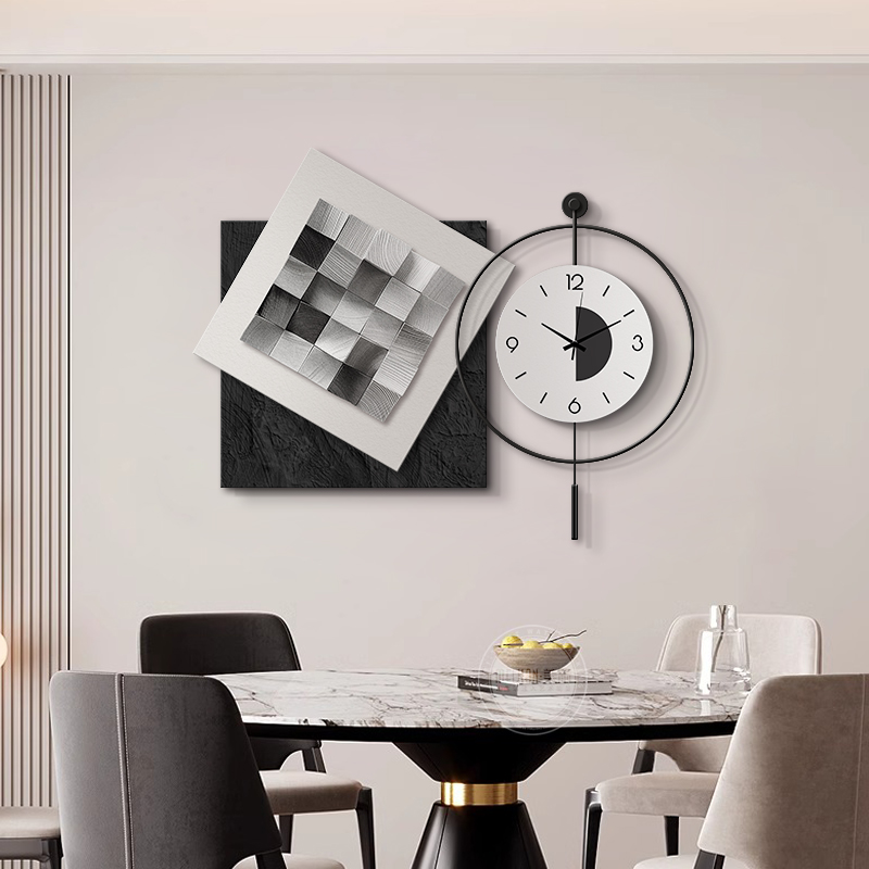 钟表挂画黑白2025新款抽象艺术客厅沙发背景墙餐厅组合挂钟装饰画